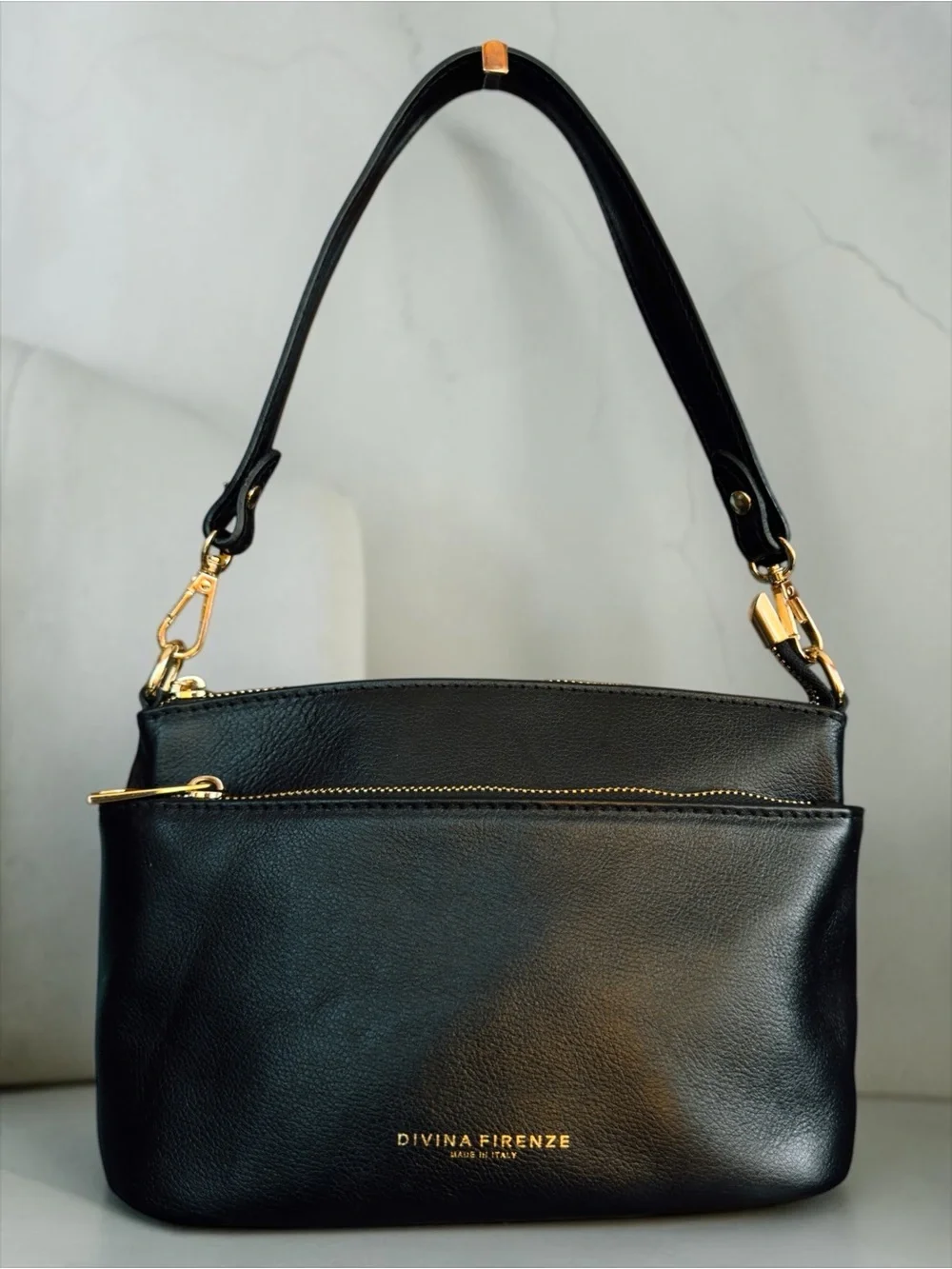 Divina Firenze Lilla Triple-Zip Black Italian Pebbled Leather Shoulder Bag.